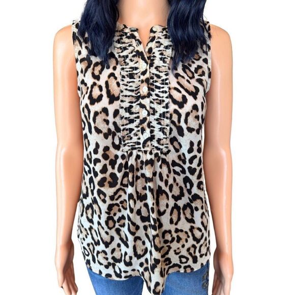 Loft Cheetah Print Ruffle Sleeveless Dressy Work Blouse - Picture 4 of 6